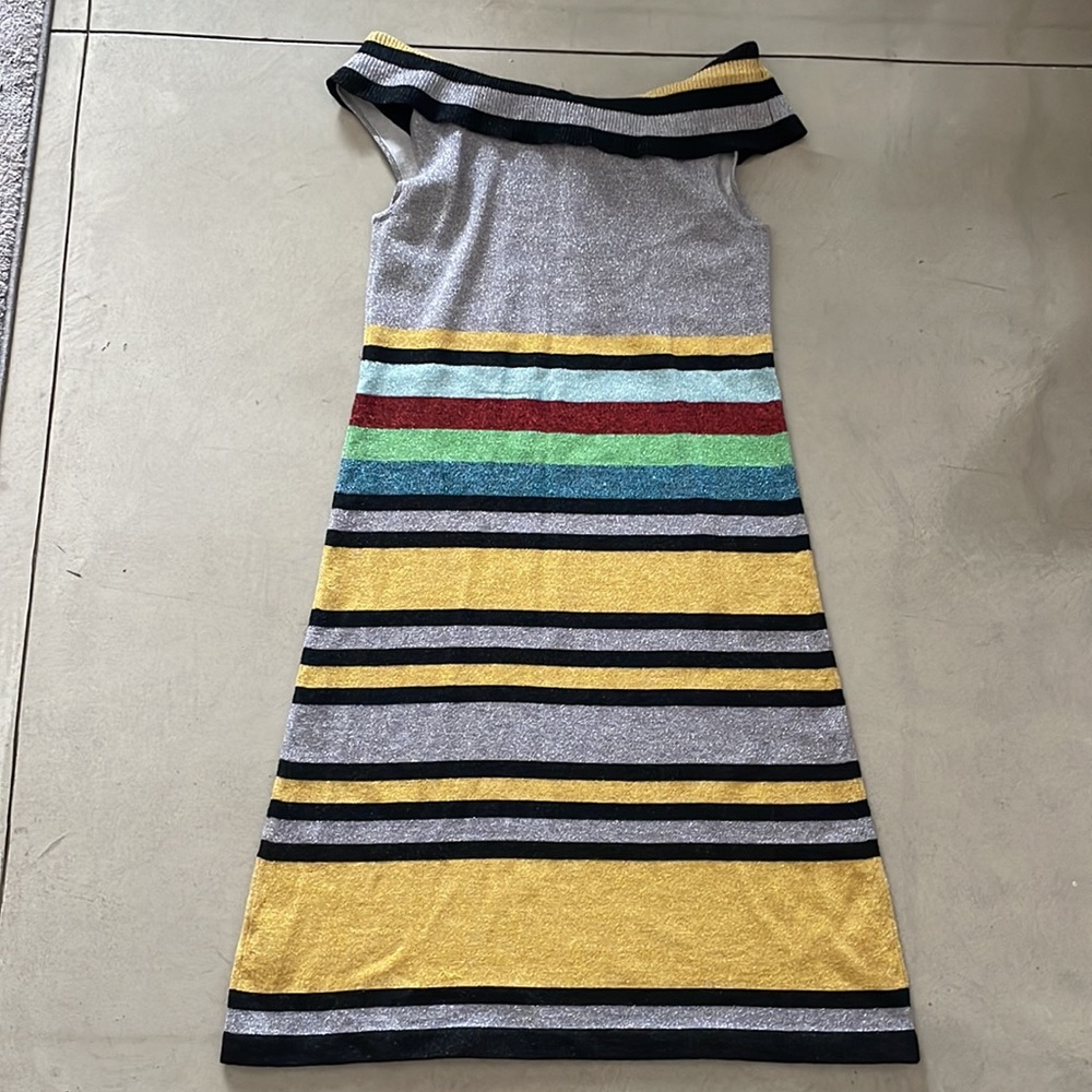 Striped Metallic Knit Off-Shoulder Dress in Yellow & Silver - Picture 2 of 10